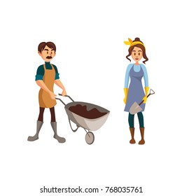 Couple of gardeners, man with wheelbarrow of earth, woman with shovel, gardeners at work cartoon vector Illustration
