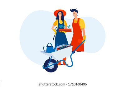 Couple of gardeners planting seedlings. Happy man and woman with wheelbarrow flat vector illustration. Gardening, outdoor activity, agriculture concept for banner, website design or landing web page