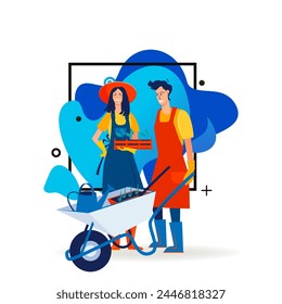 Couple of gardeners planting seedlings. Happy man and woman with wheelbarrow flat vector illustration. Gardening, outdoor activity, agriculture concept for banner, website design or landing web page