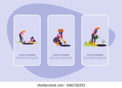 Couple of gardeners set. Man and woman growing plants, gathering harvest, suburb house . Flat vector illustrations. Country, lifestyle concept for banner, website design or landing web page