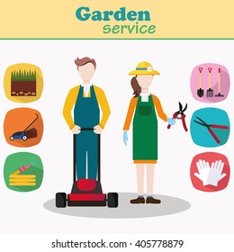 Couple of gardeners vector characters with lawn mower and garden equipment. Young man and woman workers in workwear. Gardening Icons flat design.