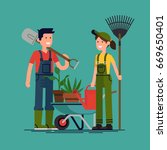 Couple of gardeners vector concept flat illustration. Young adult man and woman in overalls with rake, watering can and wheelbarrow ready to work in the garden. Gardening, planting flowers and plants
