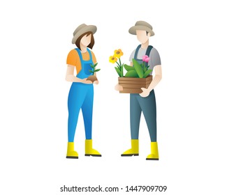 Couple of gardeners vector concept flat illustration. Couple of gardeners on a white background. Man with a wooden crates of a flower, a woman holding a plant. Vector illustration