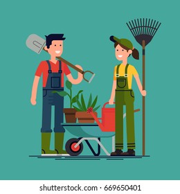 Couple of gardeners vector concept flat illustration. Young adult man and woman in overalls with rake, watering can and wheelbarrow ready to work in the garden. Gardening, planting flowers and plants