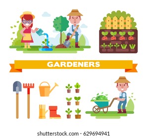 Couple of gardeners vector set. Vegetable garden and seedlings.Man with wheelbarrow and with a shovel,  girl watering plant. Gardening and garden tools. Vector cartoon illustration in a flat style