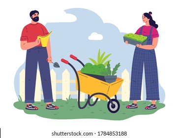 Couple of gardeners working with equipment and a pot with greenery.Flat vector illustration.Young woman and man with microgreens.Pleasant active rest in the garden.Plants cultivating and nursery.