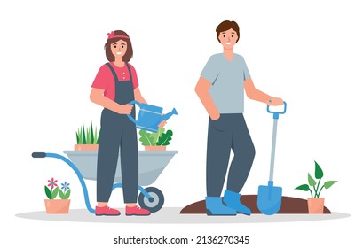 A couple of gardeners. Young woman with watering can and wheelbarrow with plants and man with shovel. Gardening and growing flowers hobby. Flat or cartoon vector illustration.