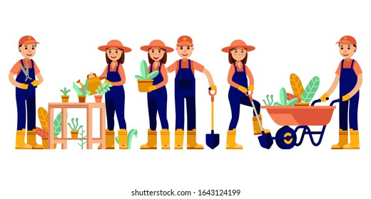 Couple gardening activity modern flat vector illustration