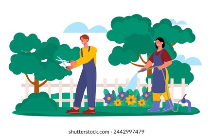 Couple with gardening. Man and woman waork in garden. Farmers with farm and agriculture. Young couple cultivate trees and flowers, watering plants. Cartoon flat vector illustration