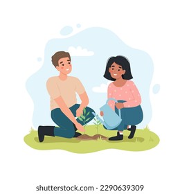 Pareja de jardinería juntos. Hombre y mujer plantando y regando plantas en primavera. Ilustración portadora en estilo de dibujos animados planos