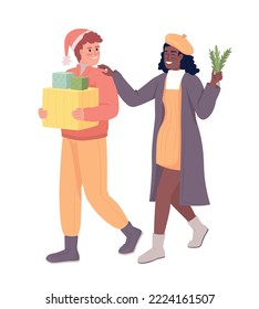 Couple gathering gifts for Christmas party semi flat color vector characters. Editable figures. Full body people on white. Simple cartoon style illustration for web graphic design and animation