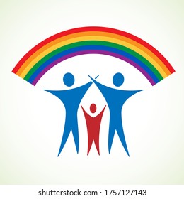 Couple of gay and adopted child under a lgbt rainbow. Homosexual family. Logo design template, vector illustration