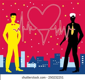 A couple of gay males is meeting for the Saint Valentine night in front of the city skyline. The hearts are connected by an electrocardiogram heartbeat graphic