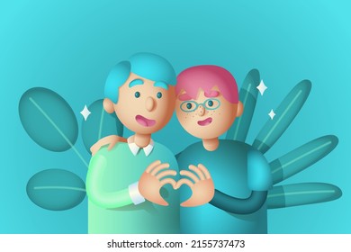 Couple Of Gay Men Embracing. Lgbt Men In Love. 3D Illustration In Vector.
