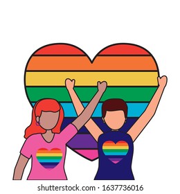 couple gay protest with heart rainbow colors vector illustration design