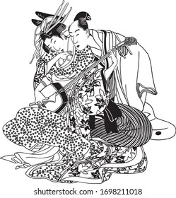 A couple of geisha and samurai from the Edo period