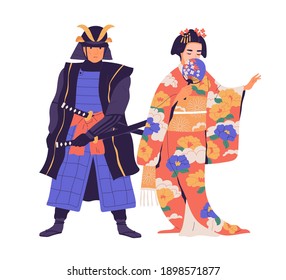 Couple of geisha and samurai standing isolated on white background. Japanese man with sword and woman with fan dressed in traditional kimono. Ancient Asian people. Colored flat vector illustration