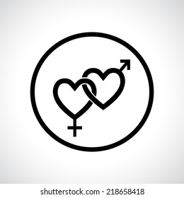 Couple gender icon. Black flat symbol in a circle. Connected hearts concept.