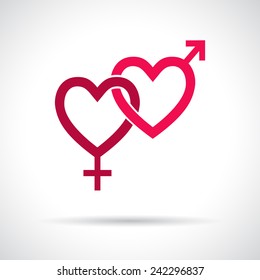 Couple gender icon. Connected hearts. Pink flat symbol with shadow. Design element for Valentine's Day, wedding, baby shower, birthday card etc. Vector illustration.