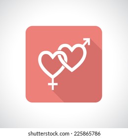 Couple gender icon with shadow. Connected hearts. Square icon. Flat modern design.