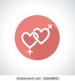 Couple gender icon with shadow. Connected hearts. Round icon. Flat modern design.