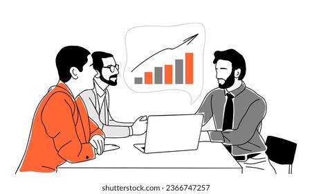 Couple get investment consulting from specialist. Financial advisor, bank consultant helping client on finance analysis. Hand drawn outline vector illustration on white background. Not created with AI