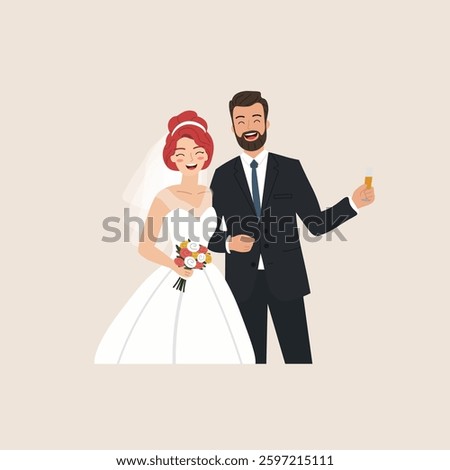 a couple getting married. the bride carrying a bouquet of flowers. romantic couple. flat character illustration.