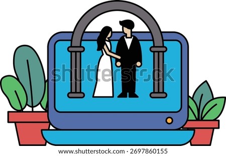 A couple is getting married and the bride and groom are standing under an arch. The image is of a laptop computer with a picture of the couple on it