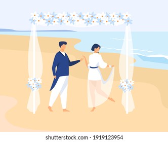 Couple getting married on tropical island. Groom and bride on wedding ceremony at sea. Flat vector illustration. Beach party, festive event concept for banner, website design or landing web page