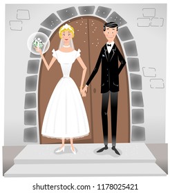 Couple getting married, wearing wedding dress and suit in front of a church portal (vector illustration)