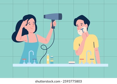 Couple is getting ready for work in bathroom. Girl dry hair with hair dryer, guy shaving. Morning or evening daily routine, self hygiene, vector scene