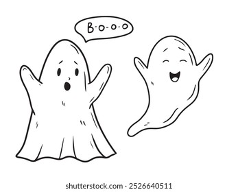 Dois fantasmas assustando e grita boo, e feliz com as mãos levantando-se em preto isolado no branco. ilustração de esboço de vetor desenhado à mão em doodle gravado vintage estilo de arte de linha. Feliz Dia das Bruxas