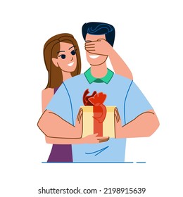 Couple Gift Vector. Woman Present, Young Love, Happy Girlfriend, Man Boyfriend, Holiday Anniversary Couple Gift Character. People Flat Cartoon Illustration