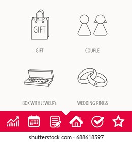 Couple, gift and wedding rings icons. Box with jewelry linear sign. Edit document, Calendar and Graph chart signs. Star, Check and House web icons. Vector