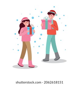 couple with gifts between snowflakes over white background .vector illustration