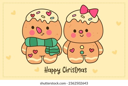 Couple Gingerbread cookie Christmas Character (happy new year kids) kawaii vector for fairy tale book. Perfect make a wish for winter festival, celebration party children, princess party, pattern.