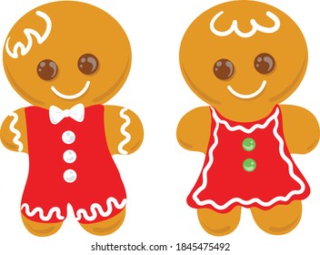 couple gingerbread man and woman glazed with red dress

