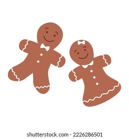 A couple of gingerbread men cookies isolated on white background. Vector flat illustration for winter, holiday, Christmas, New Year