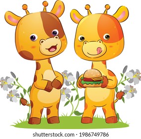 The couple of giraffe is holding a big burger with the extra cheese in the park of the illustration