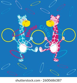 A couple of giraffes juggling with hoops, one in blue tones and the other in pink tones with the text "Forest Circus" in the center.