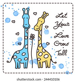 Couple of giraffes in love. Hand drawn cartoons. Watercolor blots