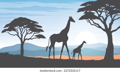 A couple of giraffes standing in a field near trees and hills with a sky background and a sun