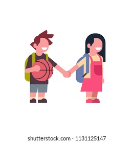 couple girl backpack boy basketball hold hands school children isolated small primary students over white background flat vector illustration