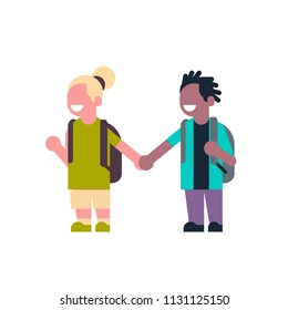 couple girl boy backpack hold hands mix race school children isolated small primary students over white background flat vector illustration