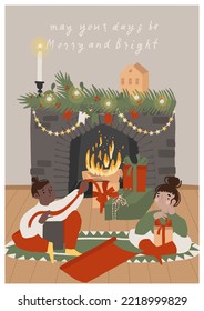 Couple, girl and boy near fireplace, wrapping gifts, preparing for Christmas. Merry Christmas - winter season holiday greeting card, poster vector illustration. a4 vertical format. Flat cartoon style