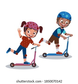 Couple of girl and boy riding a scooter together happily, or otopet in bahasa indonesia, and the girl is waving her hand