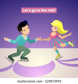 couple girl in dress and the guy ride on ice rink
