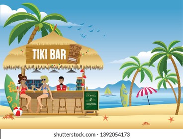 couple girl enjoying summer at the tiki bar