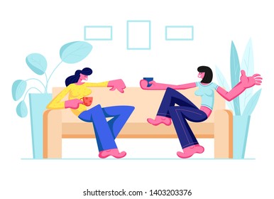 Couple of Girl Friends Sitting on Couch, Drinking Beverages and Communicating at Home. Female Characters Friendship, Chatting Women Having Leisure, Sparetime, Chatting Cartoon Flat Vector Illustration