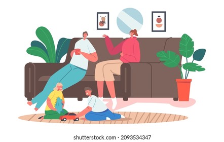 Couple of Girl Friends Sitting on Couch Drinking Beverages and Communicating at Home, Kids Playing on Floor. Female Characters Friendship, Chatting Women Leisure Sparetime. Cartoon Vector Illustration